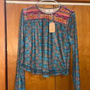 NATURAL LIFE Floral Long Sleeve Blouse - Blue and Pink